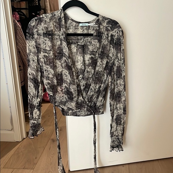 Black and White Wrap Blouse with Long Sleeves - Picture 1 of 4